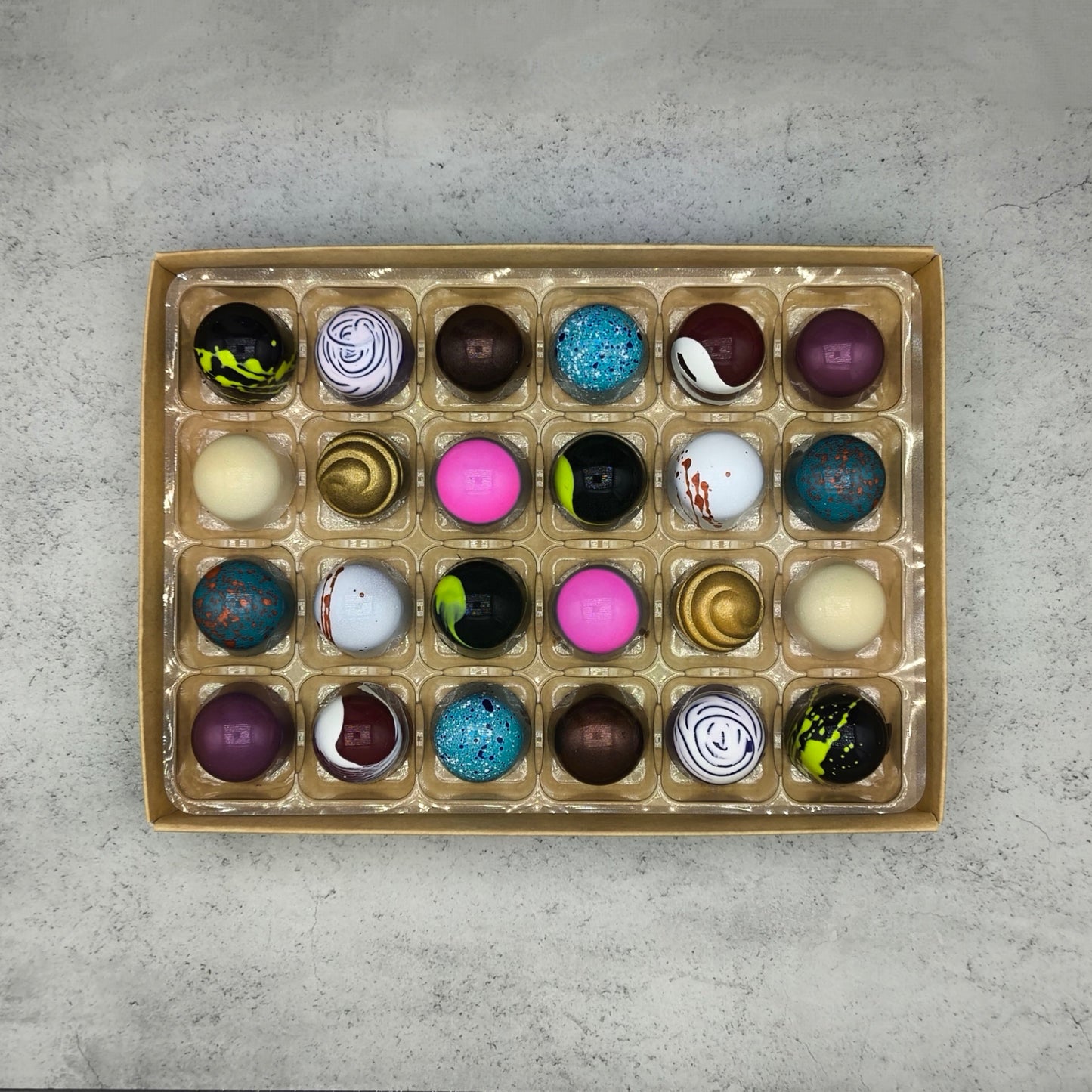 A top view of our 24 artisan bonbon selection box