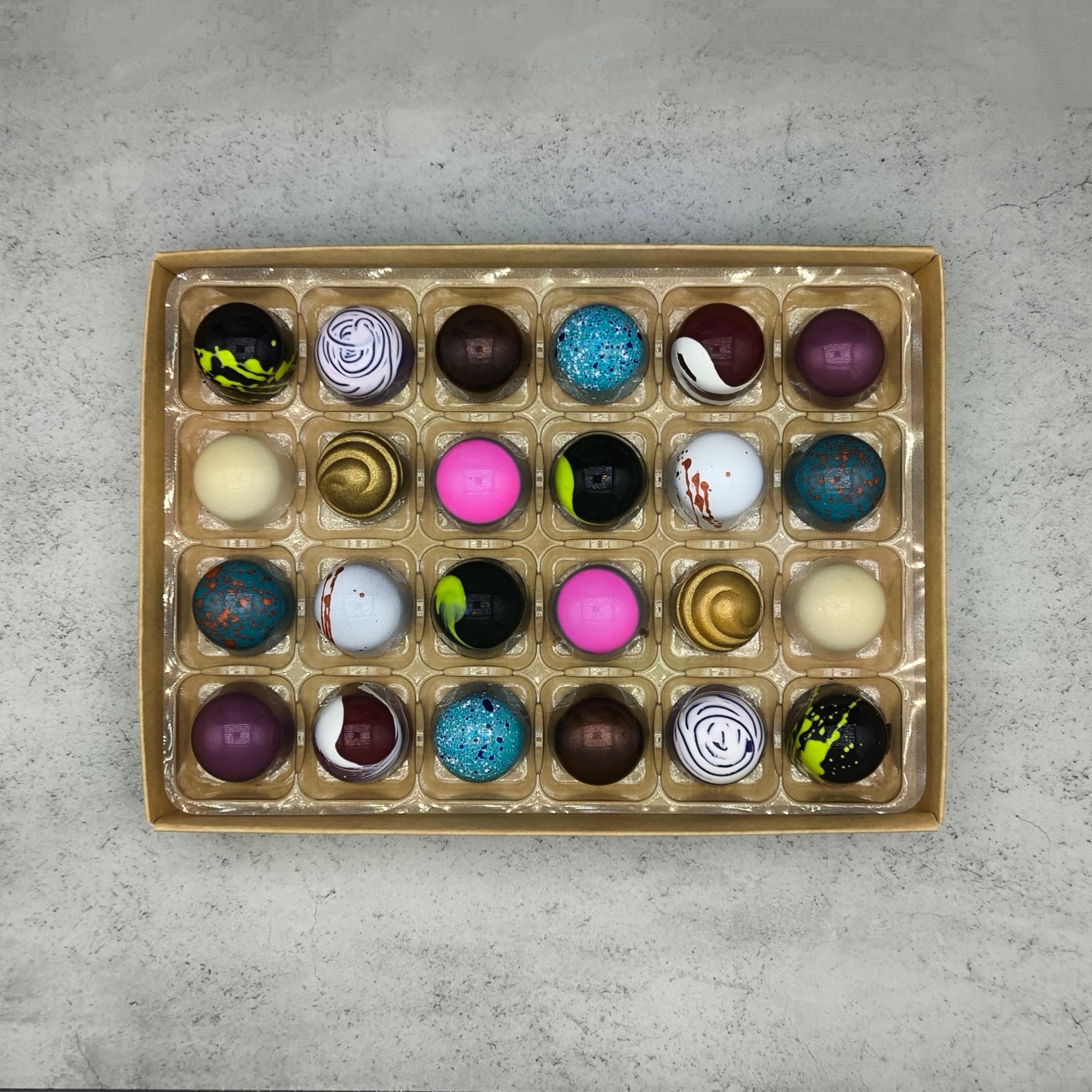 A top view of our 24 artisan bonbon selection box